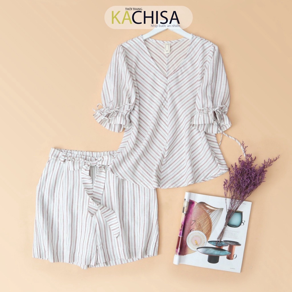 Set linen cổ tim nơ phối sọc trắng đỏ KACHISA 479