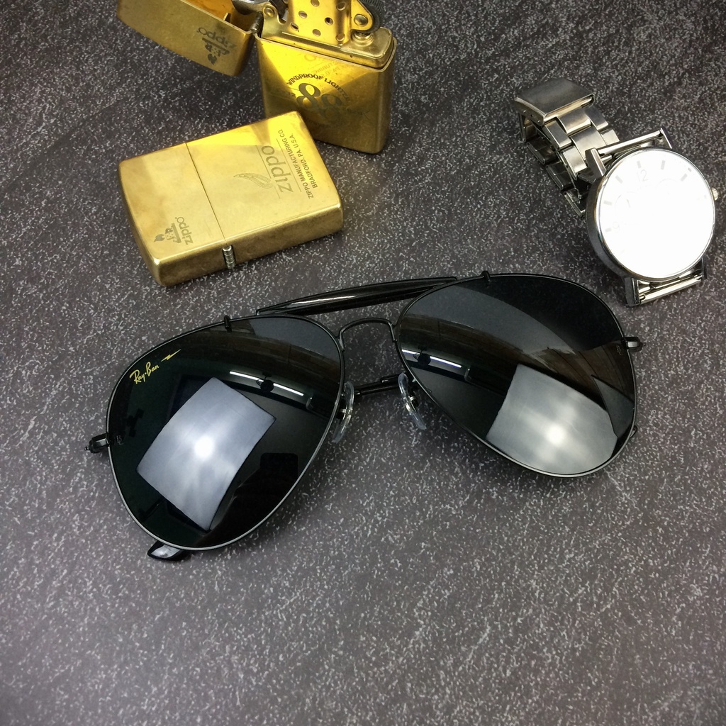 Kính Mát Rayban Chromax Dáng Phi Công Mắt Thủy Tinh Đen, Gọng Đen Chuẩn Ngầu Cho Nam Nữ