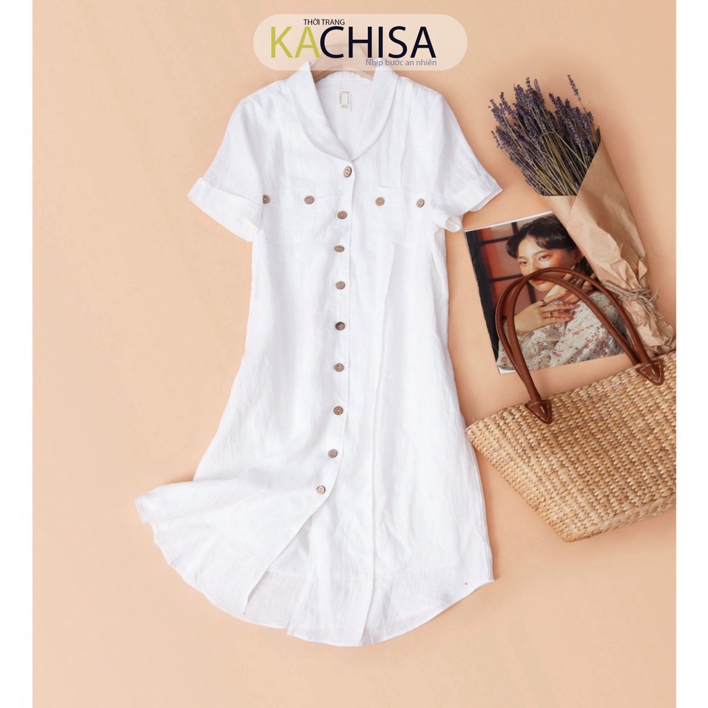 Đầm suông nữ linen tưng KACHISA 804 cổ bâu danton phối nút