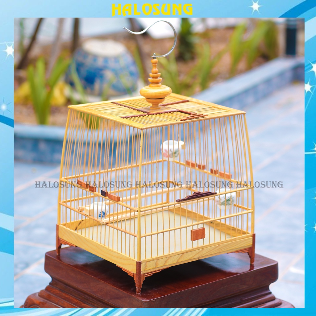 Lồng chim chào mào Halosung lồng chim thái đấu gỗ cao cấp kèm phụ kiện LC27