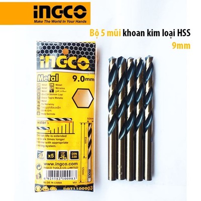 Bộ 5 mũi khoan kim loại HSS Ø 9mm (sắt, thép, nhôm) Ingco DBT1100903 dài mũi 125mm chiều dài sử dụng 81mm