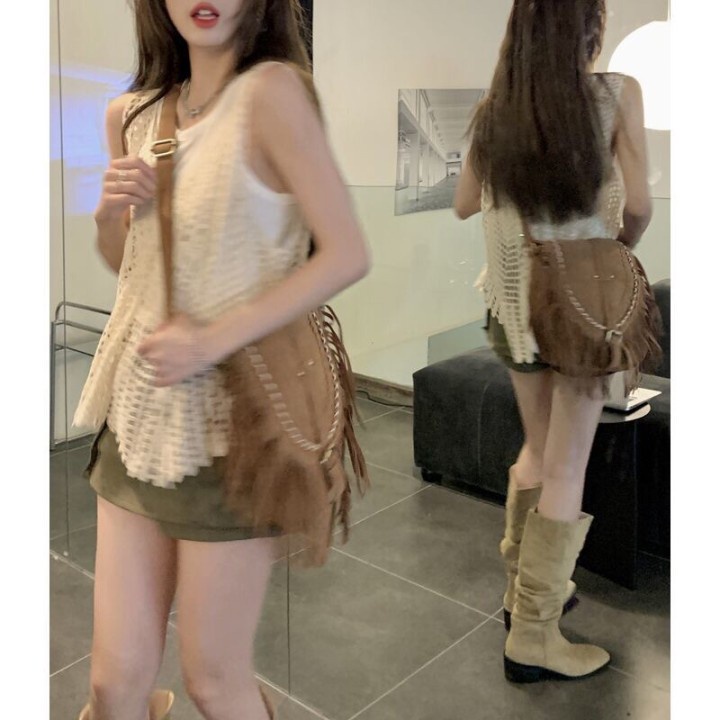 Phụ nữ Vintage Tua Rua Túi Điều Chỉnh Dây Đeo Thời Trang Thanh Lịch Đơn Vai Viền Túi