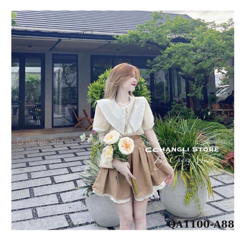 Set Váy nữ Quocanh dạo phố, công sở, chân váy phối với áo sơ mi trắng tay phồng trẻ trung, phong cách, Set đồ nữ công sở