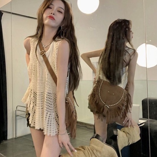 Phụ nữ Vintage Tua Rua Túi Điều Chỉnh Dây Đeo Thời Trang Thanh Lịch Đơn Vai Viền Túi