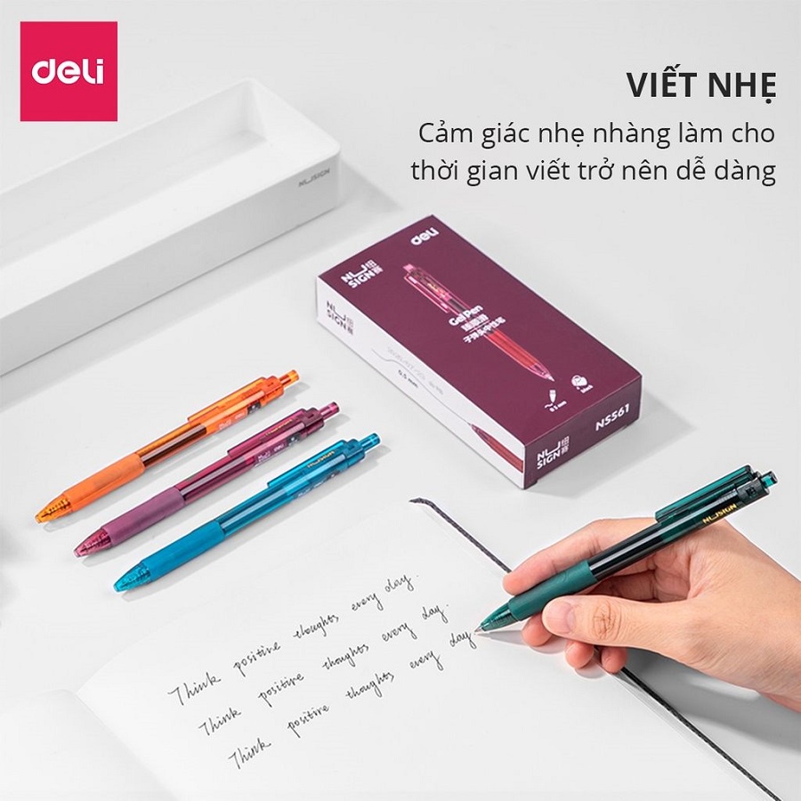 Bút bi dạng gel Deli NS561 ngòi 0.5mm mực đen - Bút nước nusign Deli 561 viết trơn mực khô nhanh thân bút nhiều màu