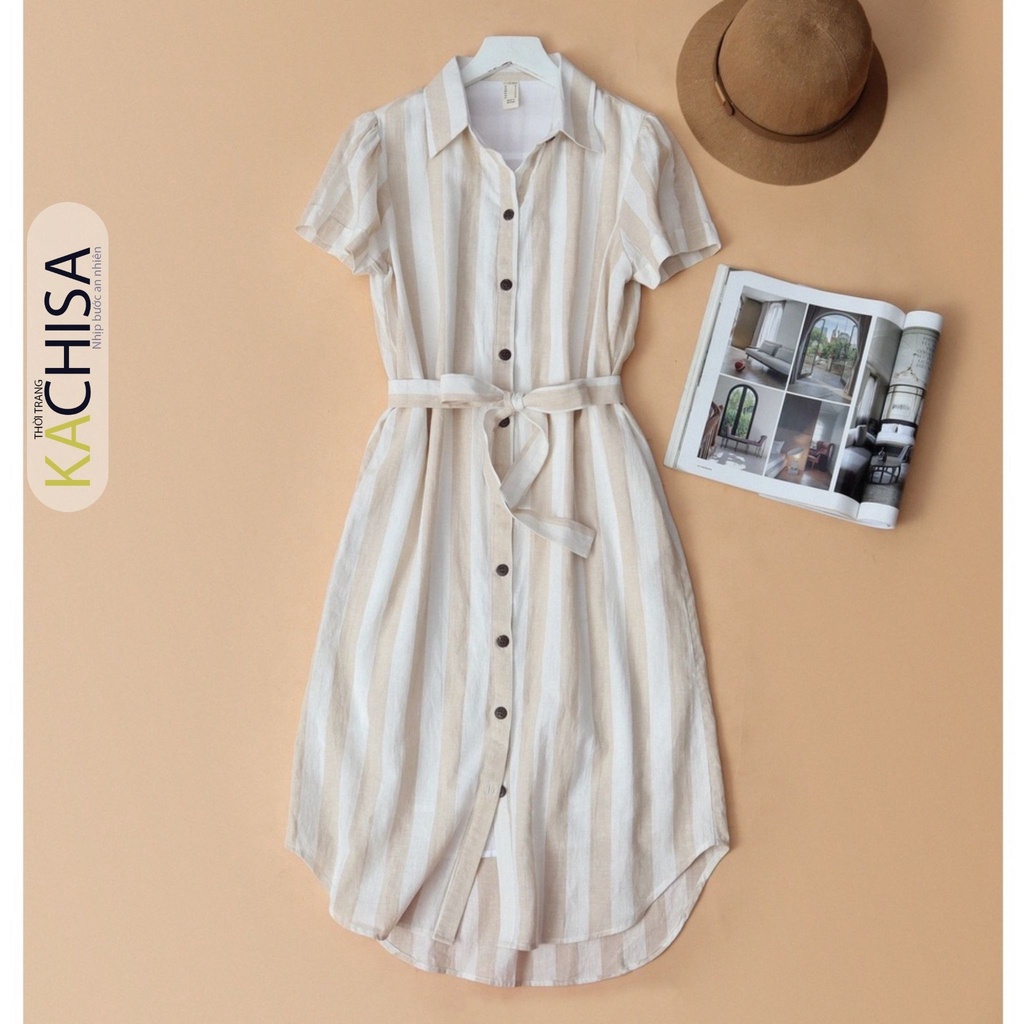 Đầm sơ mi Daily Dress Linen màu sọc cream KACHISA 587