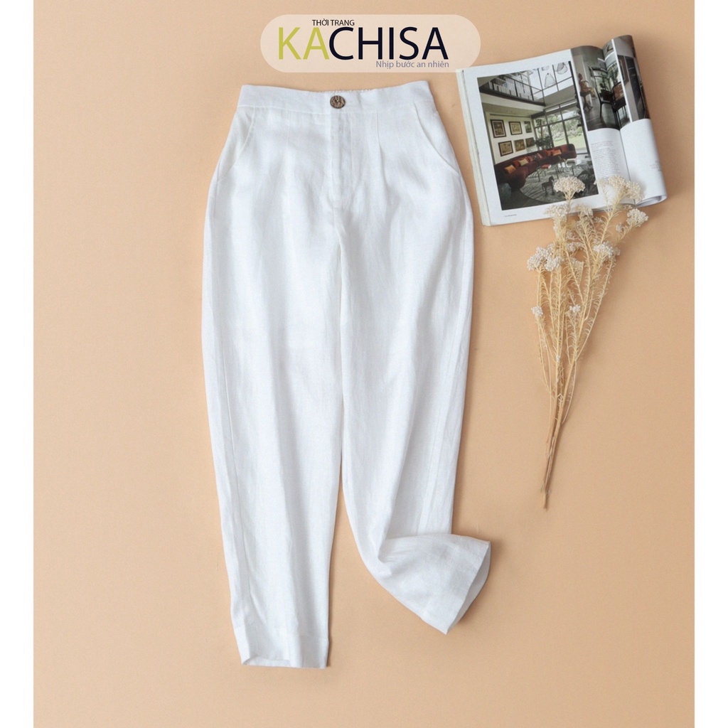 Quần nữ ống côn linen màu trắng trung niên cao cấp KACHISA 812SQE cạp cao che bụng