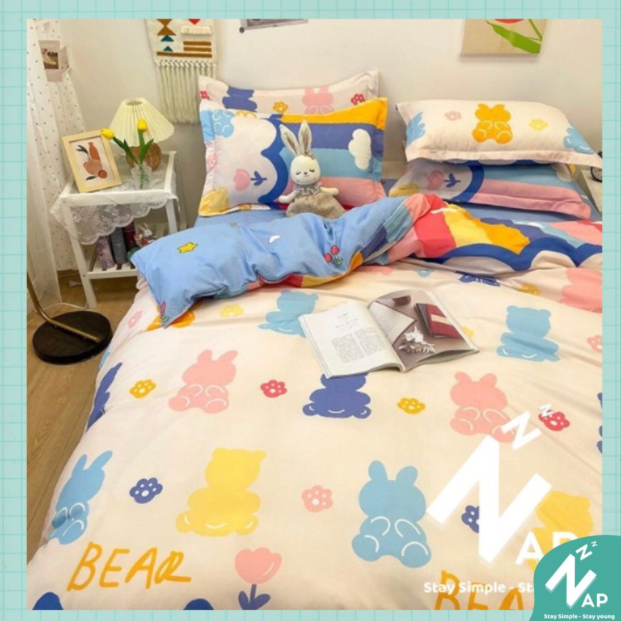 Bộ Chăn Ga Gối Cotton 3D m6 m8 2m Napbedding Set 4 Món 2 Vỏ gối ,drap ,vỏ chăn Gấu Thỏ Siêu Xinh