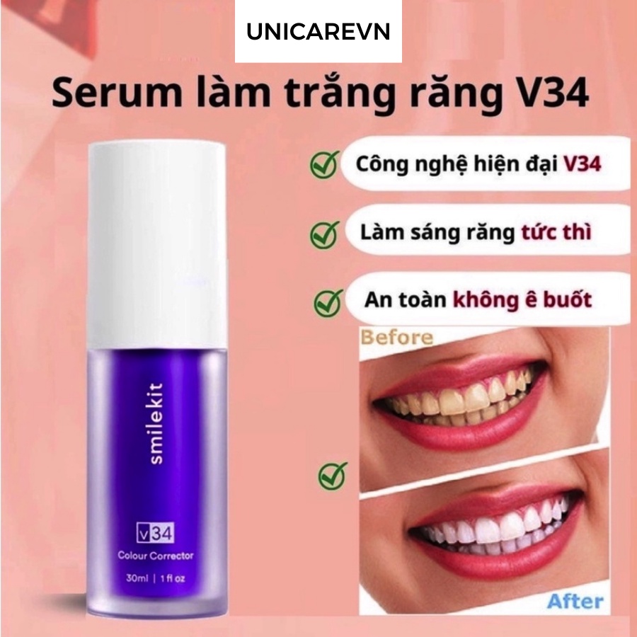 Tinh chất trắng răng SMILEKIT, Serum V34 trắng răng giúp răng trắng một cách tự nhiên, không gây ê buốt cho răng