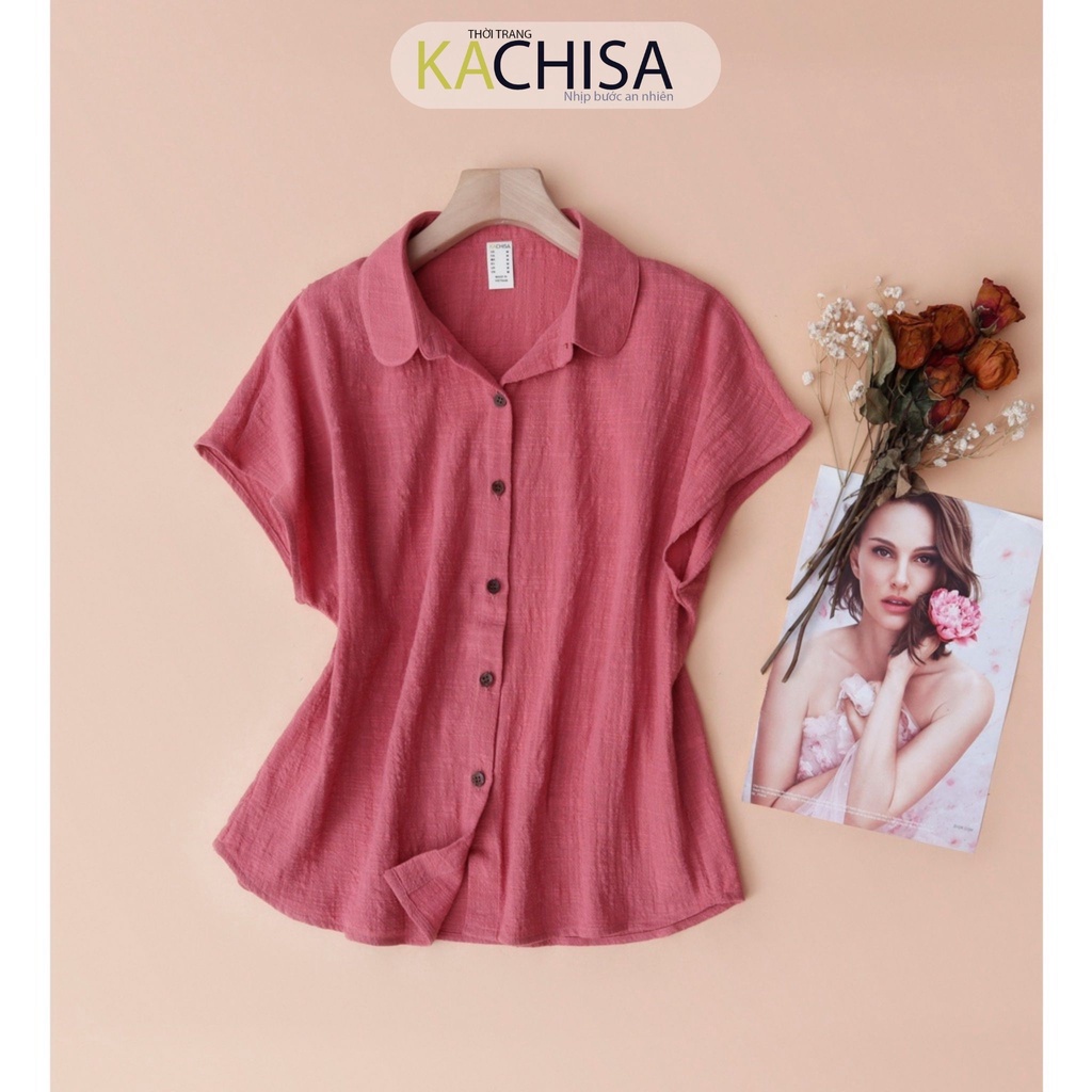 Áo cánh dơi nữ tay ngắn KACHISA 853JIT, sơ mi vải tơ bố nhẹ tênh phối nút gỗ