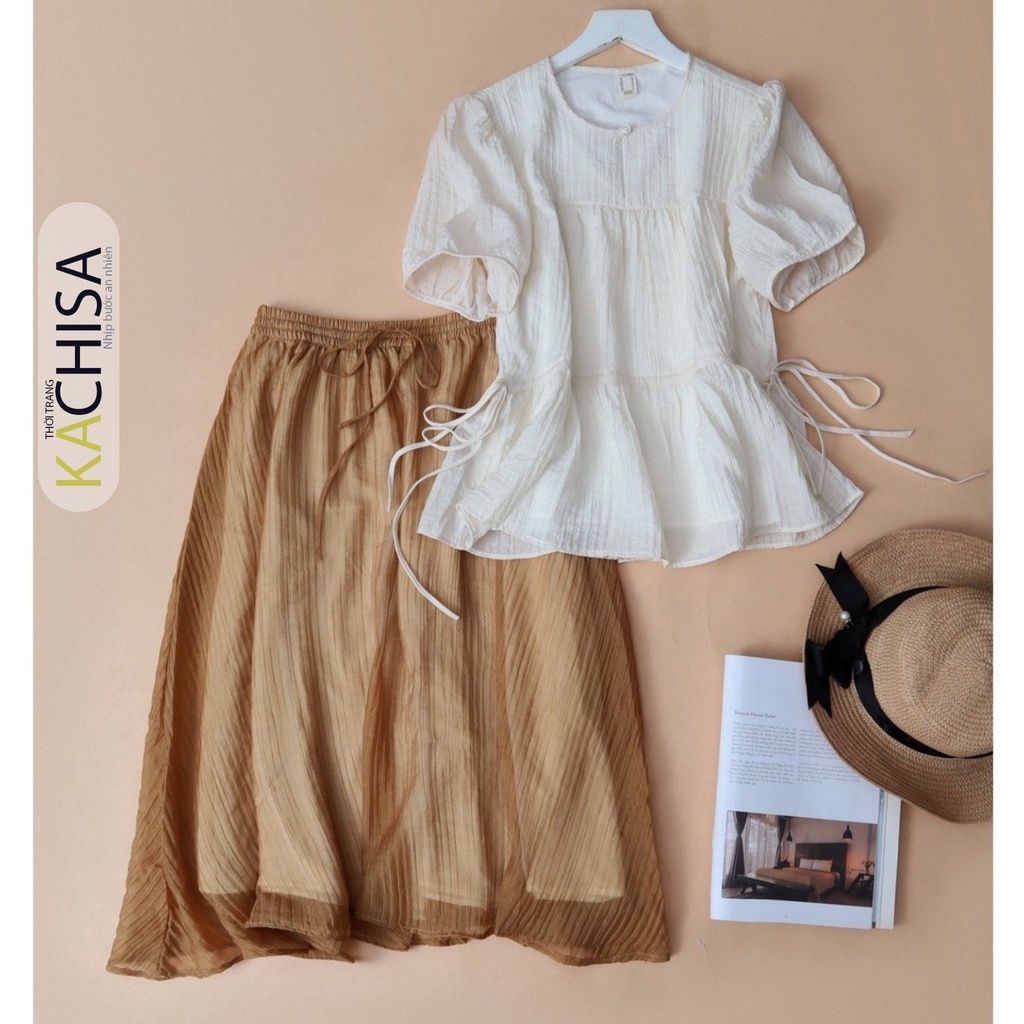 Set áo organza nữ trung niên cao cấp phối chân váy màu vàng nâu - Thời trang KACHISA