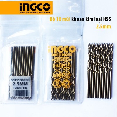 Bộ 10 mũi khoan kim loại HSS Ø 2.5mm (sắt, thép, nhôm) Ingco DBT1100253  dài mũi 57mm chiều dài sử dụng 30mm