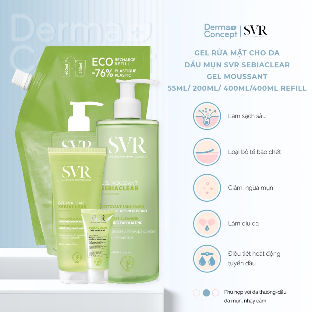 Gel rửa mặt cho da dầu mụn SVR Sebiaclear Gel Moussant 55ml/ 200ml/ 400ml