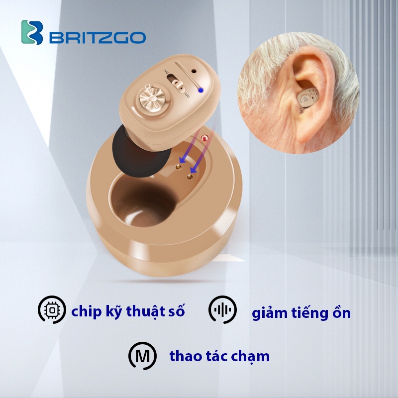 Britzgo Máy trợ thính Hearing Aids siêu nhỏ Bộ khuếch đại không dây có thể sạc lại Người già người lớn không ồn chống rơ