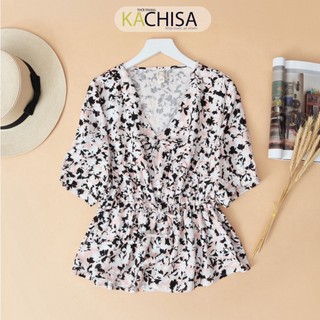 Áo linen kachisa 524 cổ tim rút eo in hoạ tiết lá