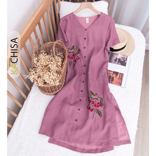 Đầm Linen tưng thêu cherry màu tím KACHISA 593