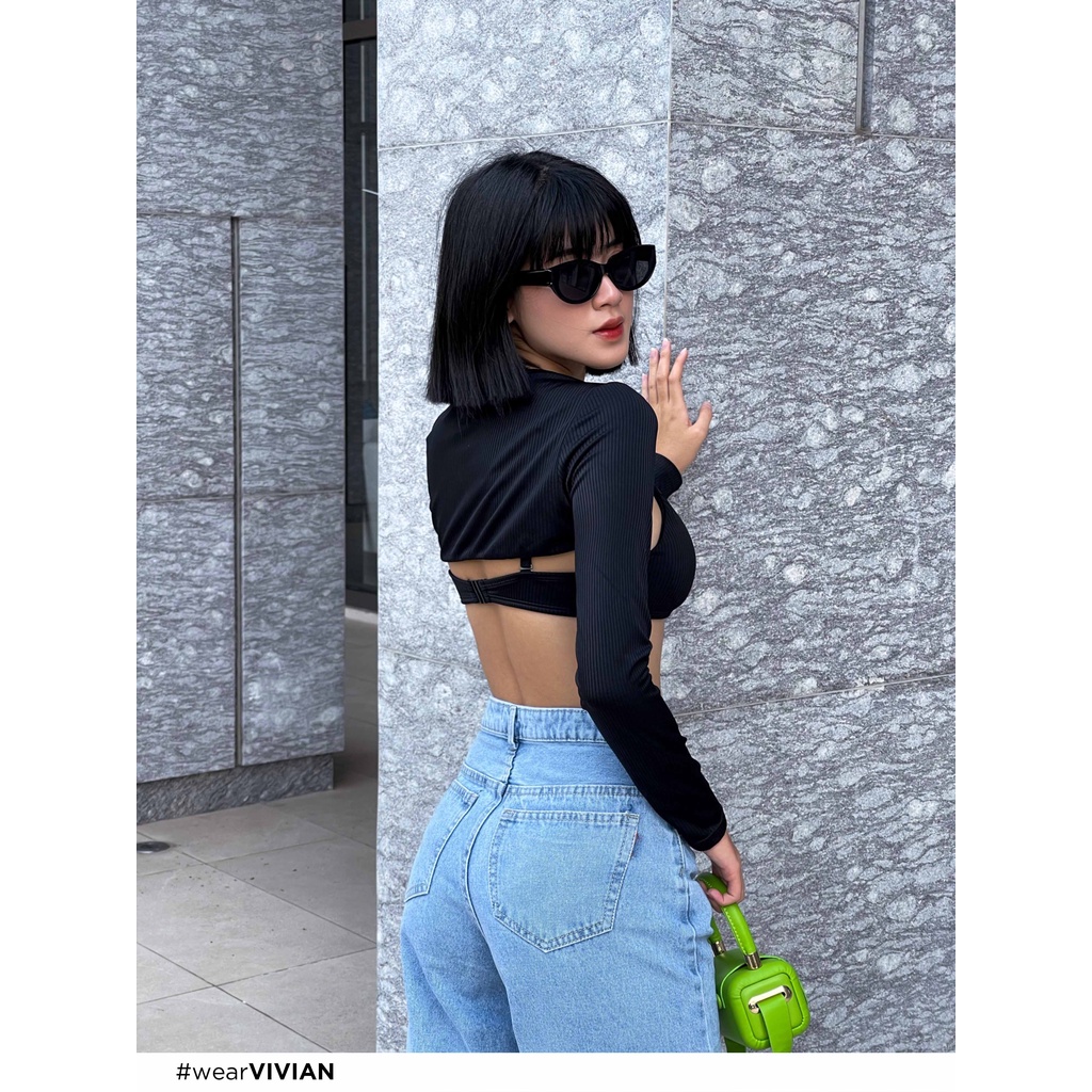 Đồ bơi nữ cao cấp 𝐕𝐈𝐕𝐈𝐀𝐍 dạng hai mảnh áo chữ U phối áo cover tay dài sexy - Đen - VS180_BL