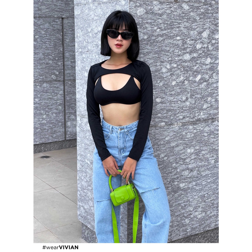 Đồ bơi nữ cao cấp 𝐕𝐈𝐕𝐈𝐀𝐍 dạng hai mảnh áo chữ U phối áo cover tay dài sexy - Đen - VS180_BL