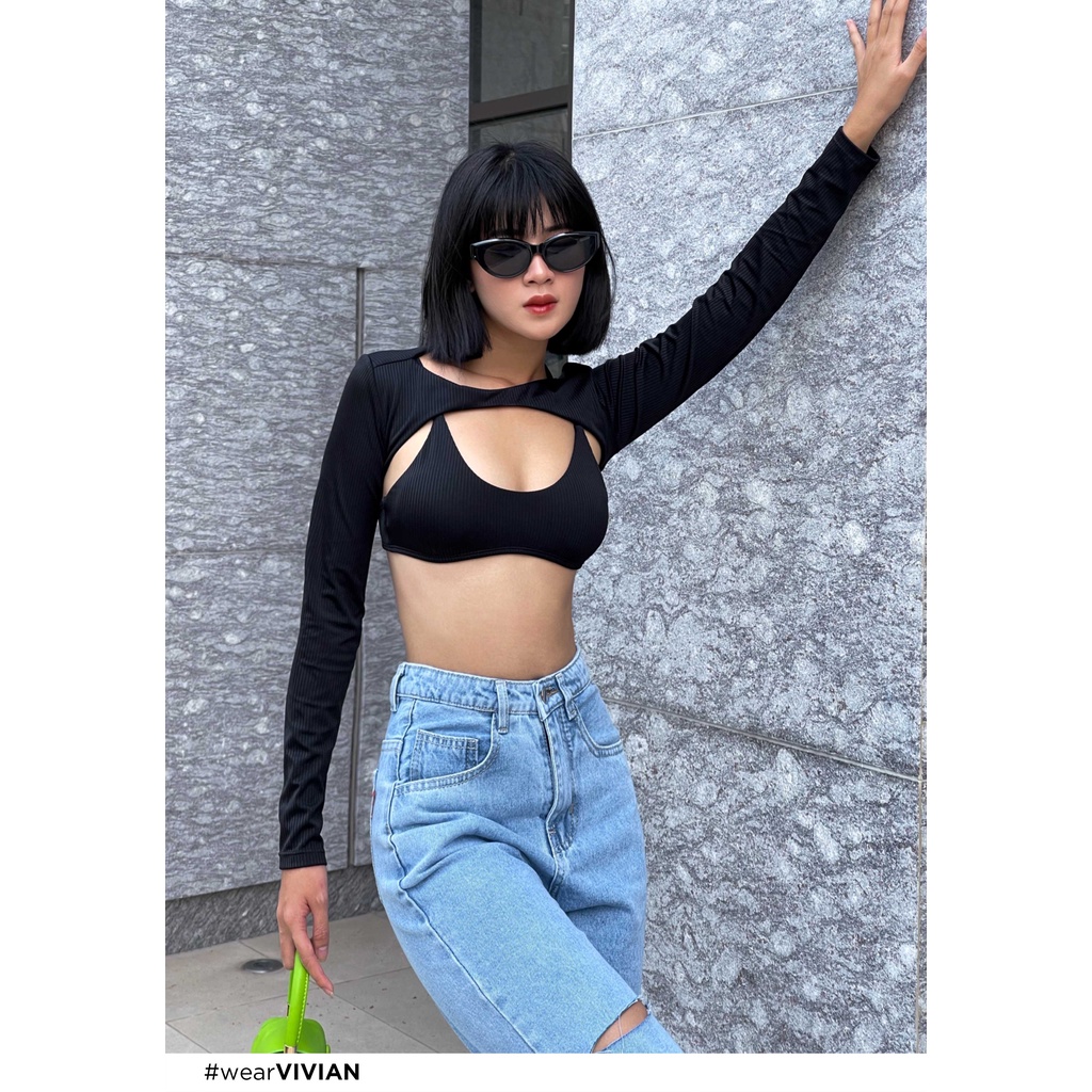 Đồ bơi nữ cao cấp 𝐕𝐈𝐕𝐈𝐀𝐍 dạng hai mảnh áo chữ U phối áo cover tay dài sexy - Đen - VS180_BL