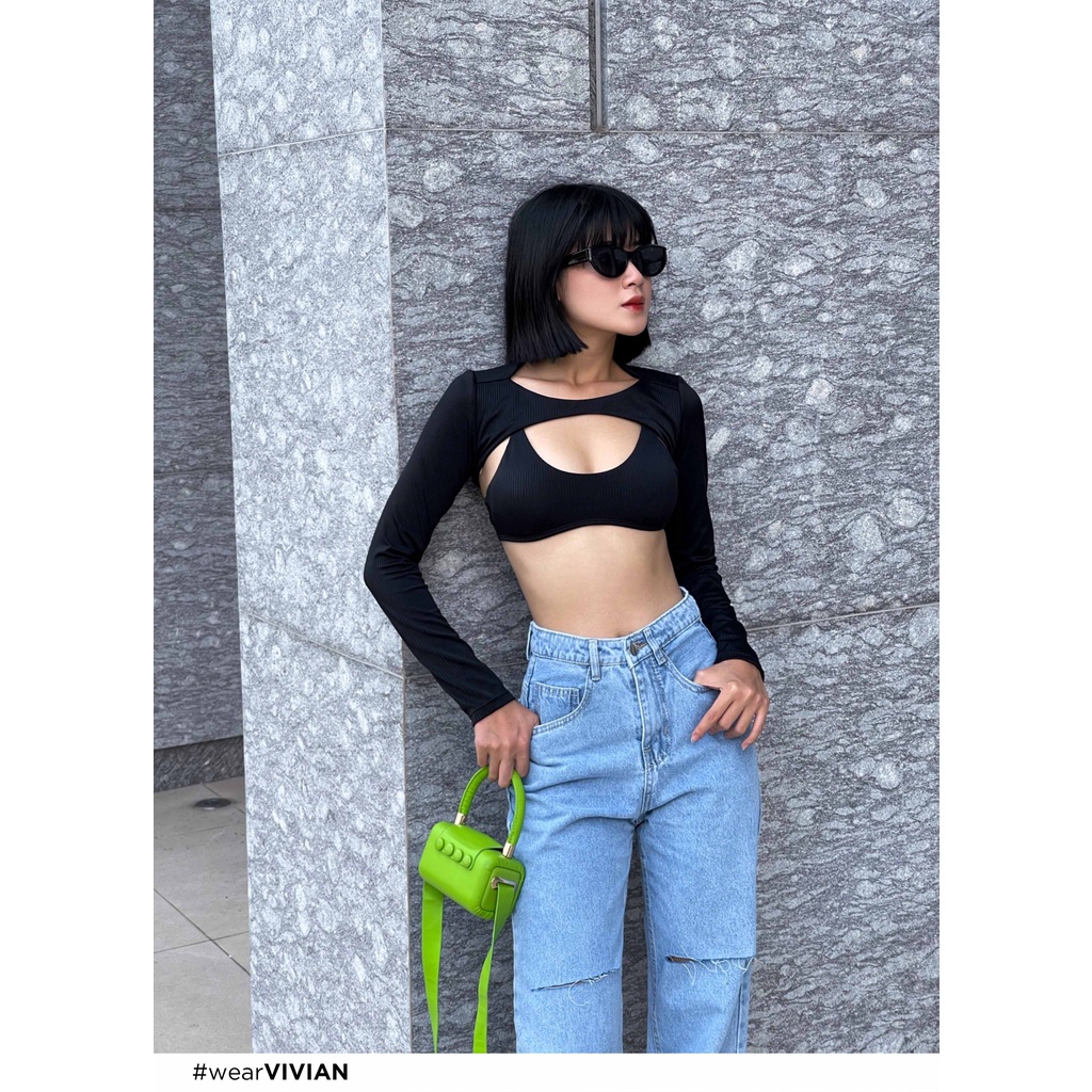Đồ bơi nữ cao cấp 𝐕𝐈𝐕𝐈𝐀𝐍 dạng hai mảnh áo chữ U phối áo cover tay dài sexy - Đen - VS180_BL