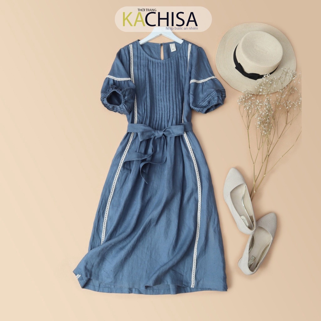 Đầm Linen tưng Autumn xếp li màu xanh đá KACHISA 531
