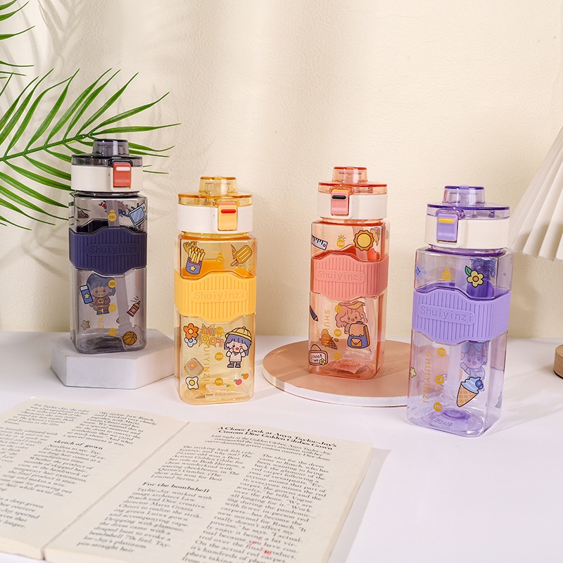 Bình Nước Vuông 550ml Có Đai Cao Su Chống Trượt + Dây Đeo + Sticker SHUIYINZI