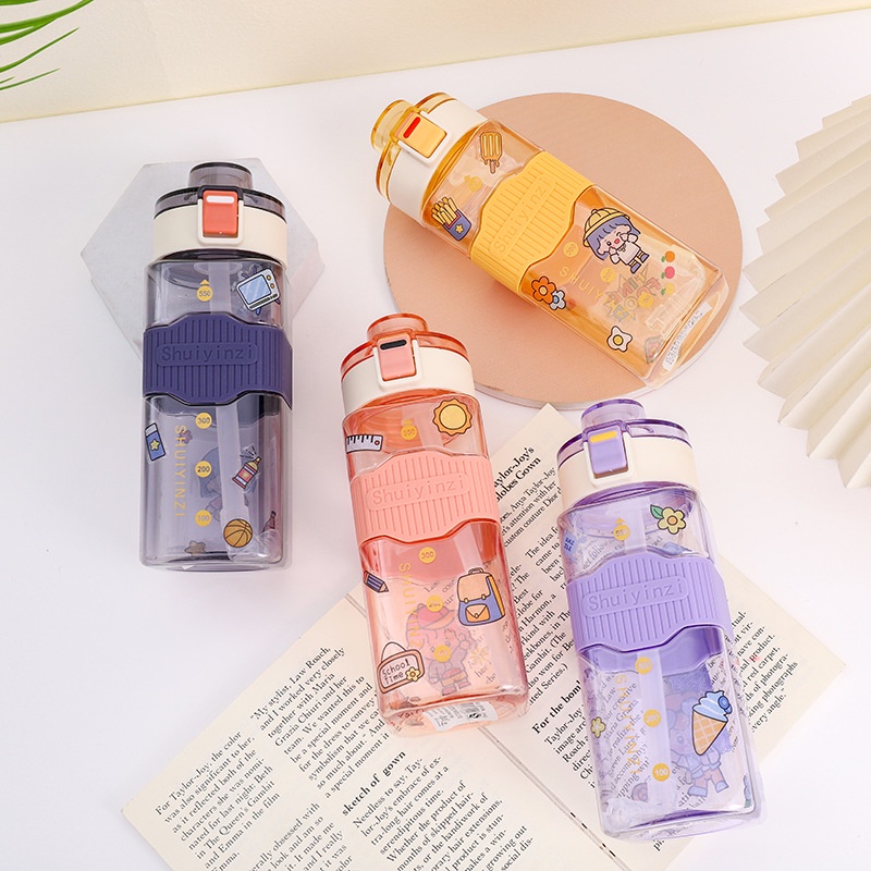 Bình Nước Vuông 550ml Có Đai Cao Su Chống Trượt + Dây Đeo + Sticker SHUIYINZI