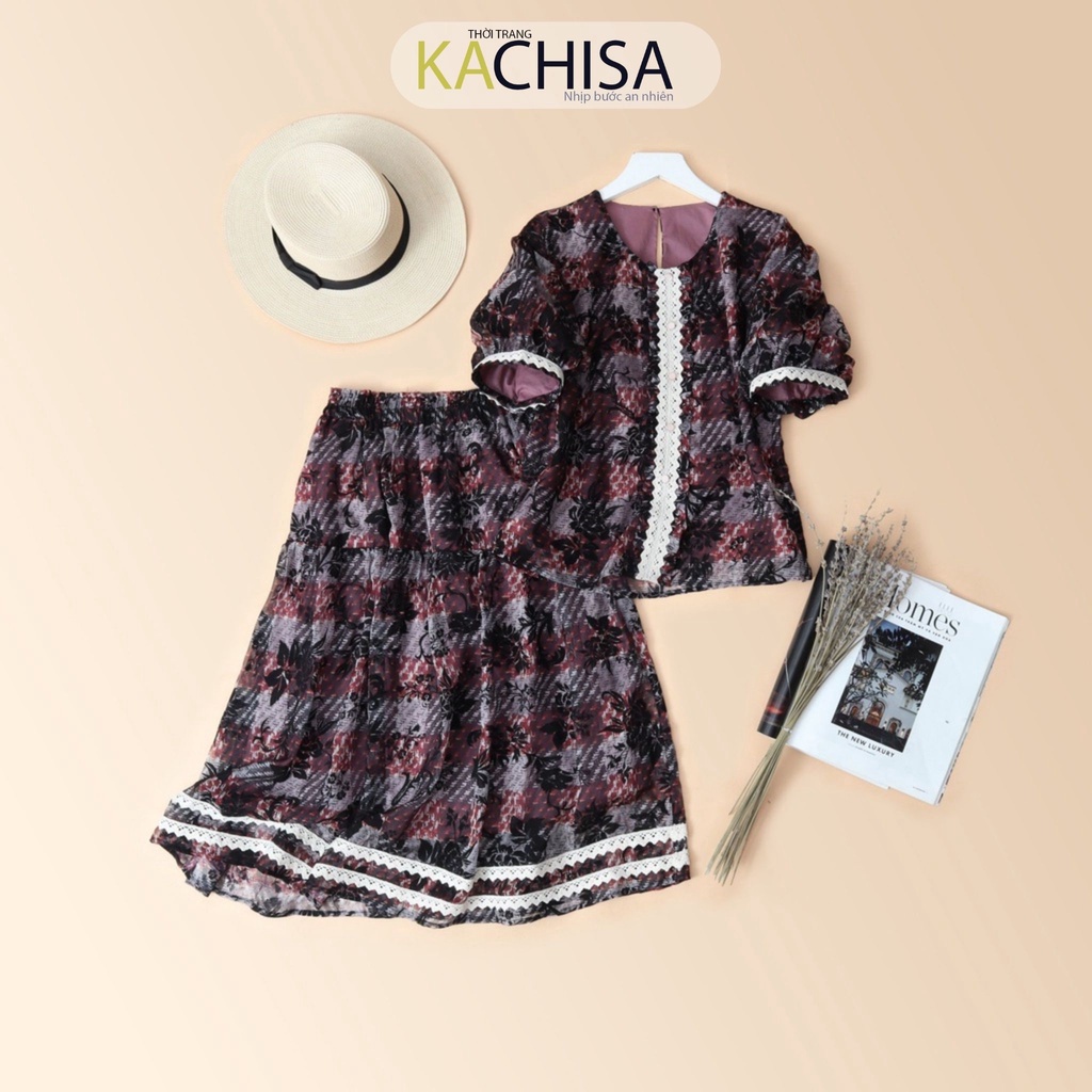 Set áo váy voan hoa ép phối ren trang nhã KACHISA 528