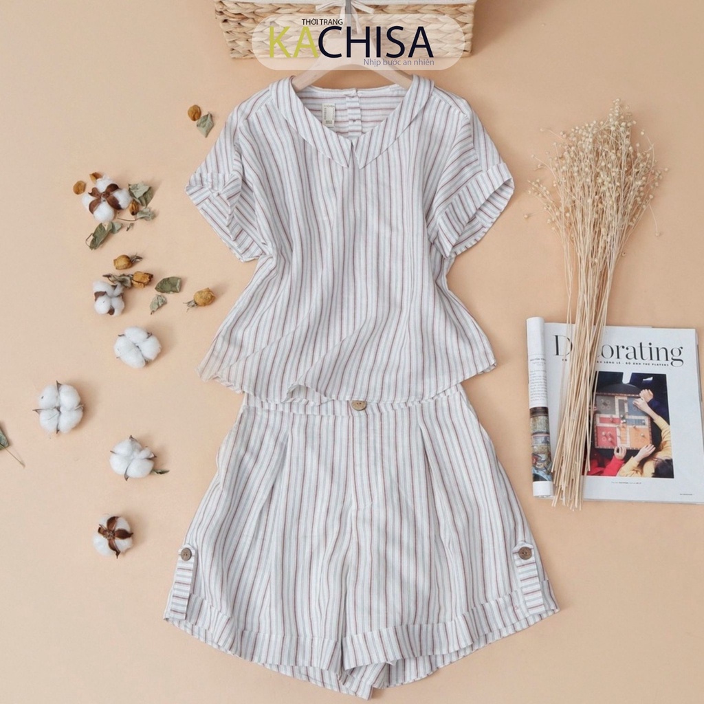 Set đùi Linen áo cổ sen kẻ sọc đỏ trắng KACHISA 651