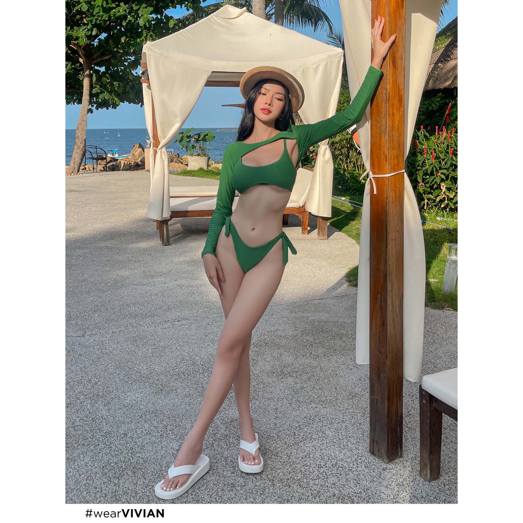 Đồ bơi nữ cao cấp 𝐕𝐈𝐕𝐈𝐀𝐍 dạng hai mảnh áo chữ U phối áo cover tay dài sexy - Xanh lá cây - VS180_GN