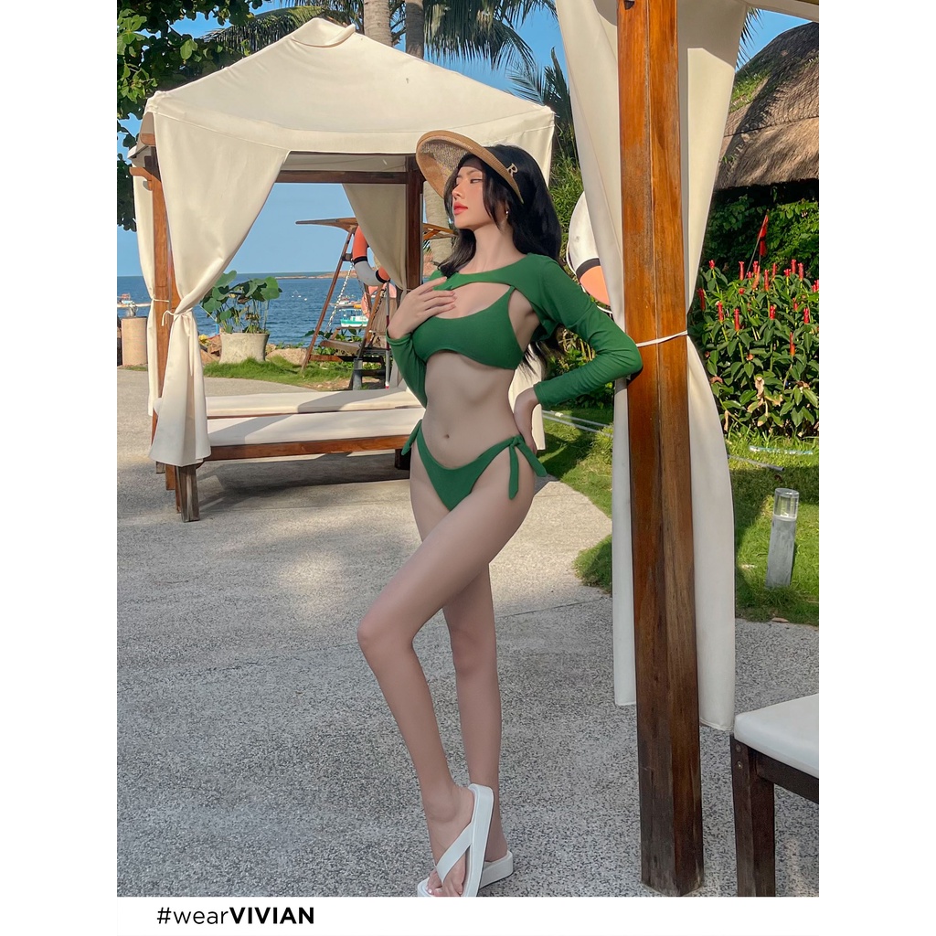 Đồ bơi nữ cao cấp 𝐕𝐈𝐕𝐈𝐀𝐍 dạng hai mảnh áo chữ U phối áo cover tay dài sexy - Xanh lá cây - VS180_GN