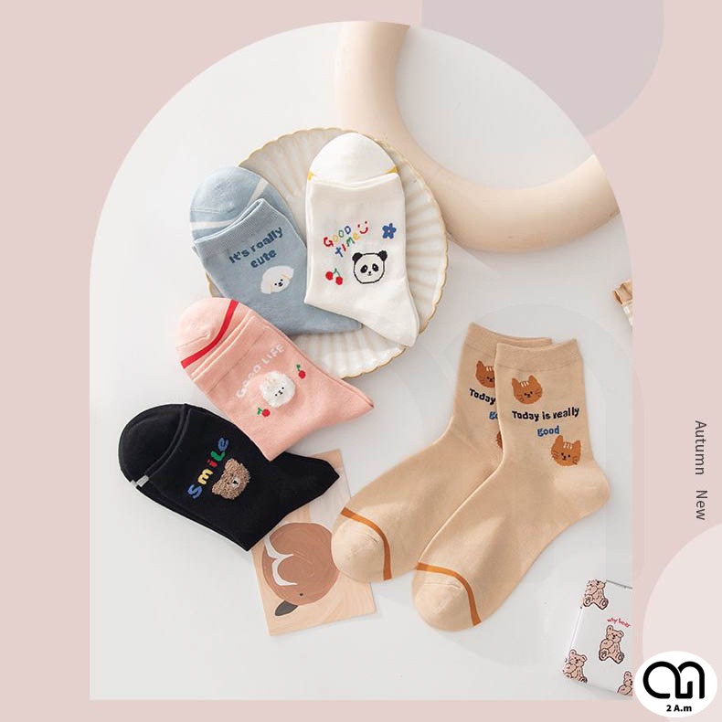 Tất Vớ Cổ Cao Nữ 5 Màu Đẹp Thời Trang Thêu Họa Tiết Dễ Thương Chất Liệu Cotton