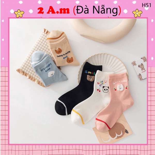 Tất Vớ Cổ Cao Nữ 5 Màu Đẹp Thời Trang Thêu Họa Tiết Dễ Thương Chất Liệu Cotton