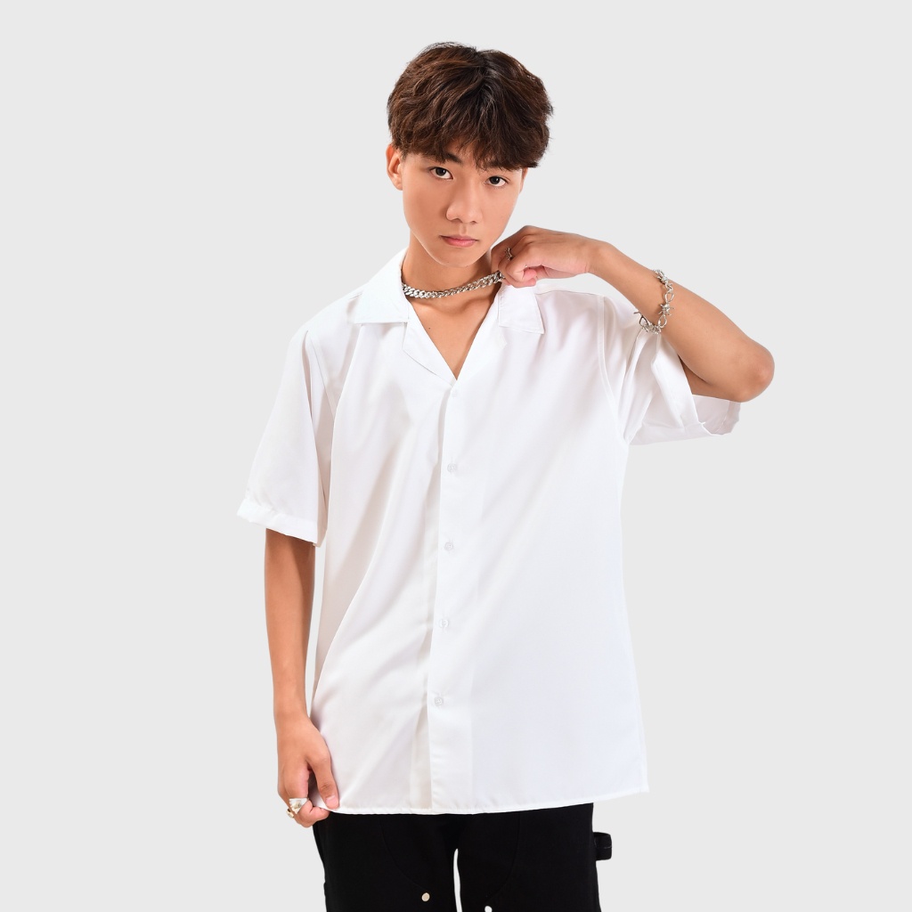 Áo sơ mi tay ngắn nam nữ form rộng sơ mi cổ vest unisex tay lỡ, chất vải lụa mịn chống nhăn