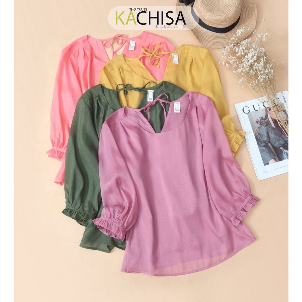 Áo kiểu tay dài tơ organza phối nơ sau KACHISA 920SQE nhiều màu trẻ trung, thời trang nữ trung niên đi cà phê, đi chơi