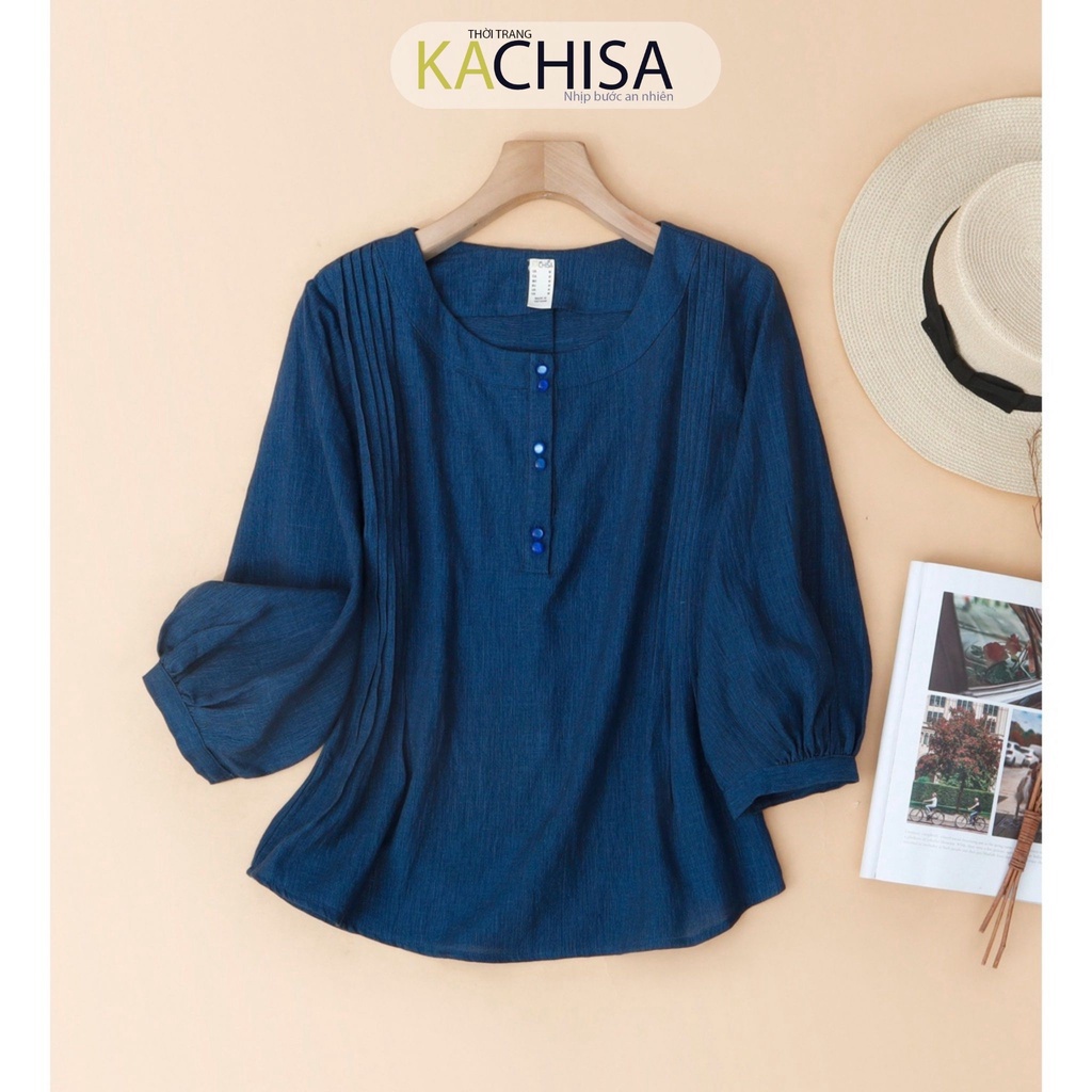 Áo kiểu nữ linen 2 sợi xếp li màu xanh đậm KACHISA 909SQE, thời trang trung niên U40+ form suông che ngấn mỡ