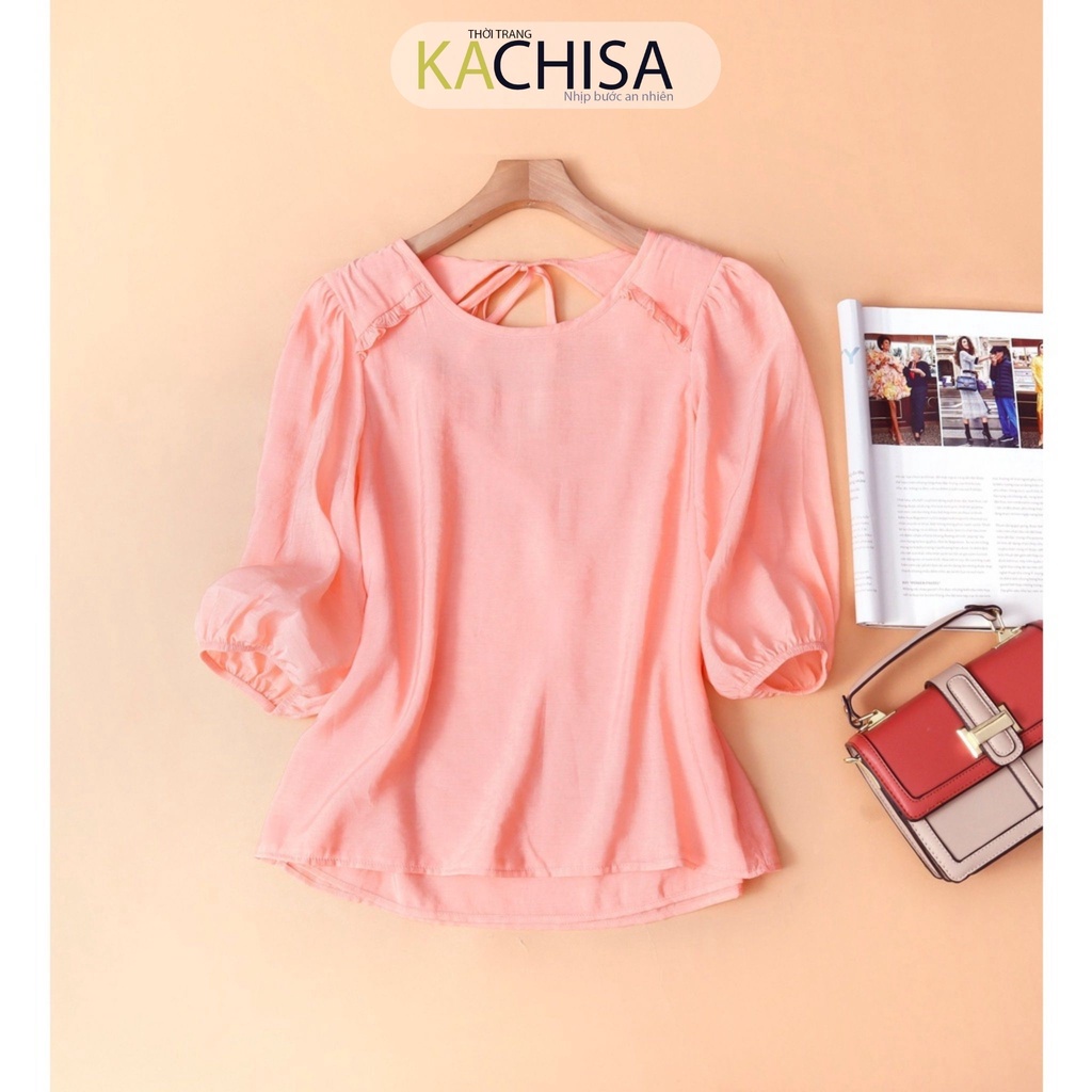 Áo kiểu tay dài 3/4 tơ cotton phối nơ sau màu hồng cam KACHISA 882SQE, tay phồng che khuyết điểm cho mẹ trung niên