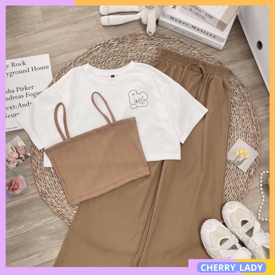 Set bộ đồ nữ quần ống rộng dáng suông nữ và áo phông croptop và áo thun hai dây chất liệu cotton