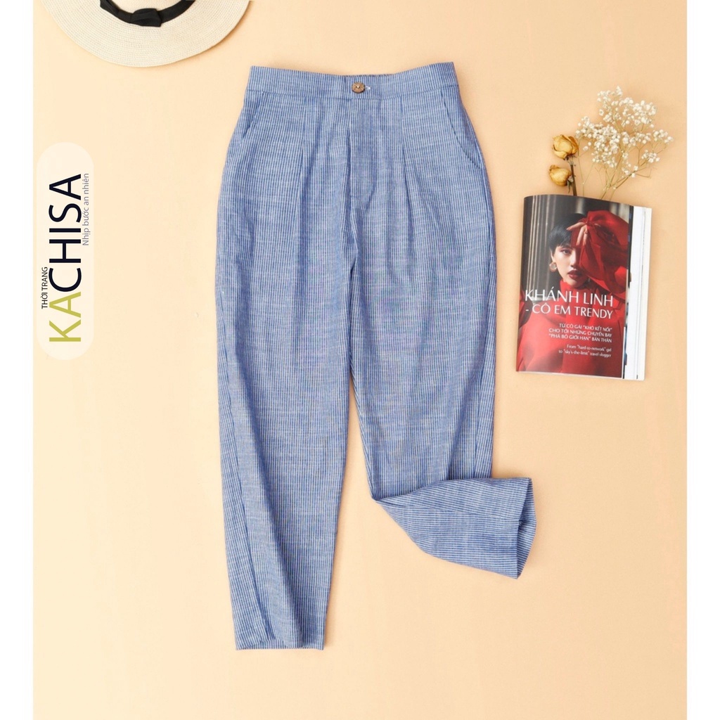 Quần baggy linen sớ bố sọc xanh KACHISA 910SQE, dành cho các chị trung niên, lưng thun thoải mái, cạp cao che mỡ bụng