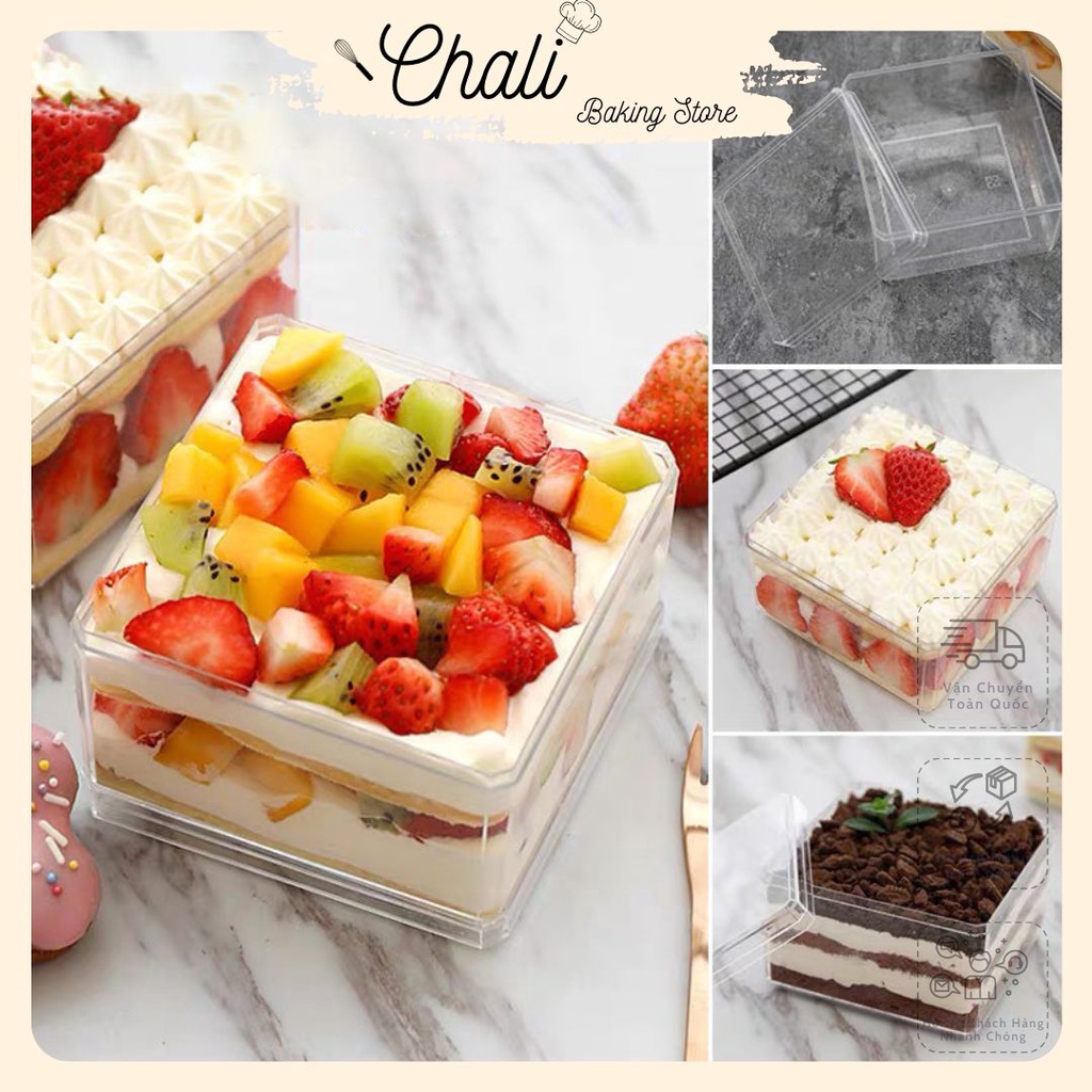 Hộp Mica Vuông thể tích 420ml - Đựng Các loại bánh (Tiramisu ,Mousse ,Cookies ,Trái Cây Tươi - Khô)