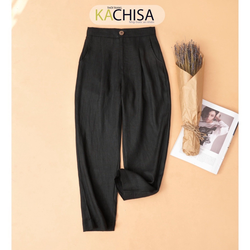 Quần baggy nữ linen tưng màu đen KACHISA 911SQE, dành cho các chị trung niên U40+ lưng thun, cạp cao che mỡ bụng