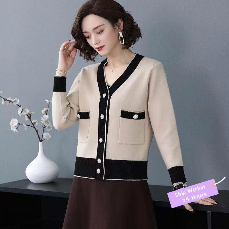 Áo len nữ hàn quốc Bigsize Dệt kim Áo Khoác Cardigan Ngắn Tay Dài Kích Thước Lớn D t kim Mùa Xuân Thu Phổ Biến Cho Phụ Nữ Trung Niên