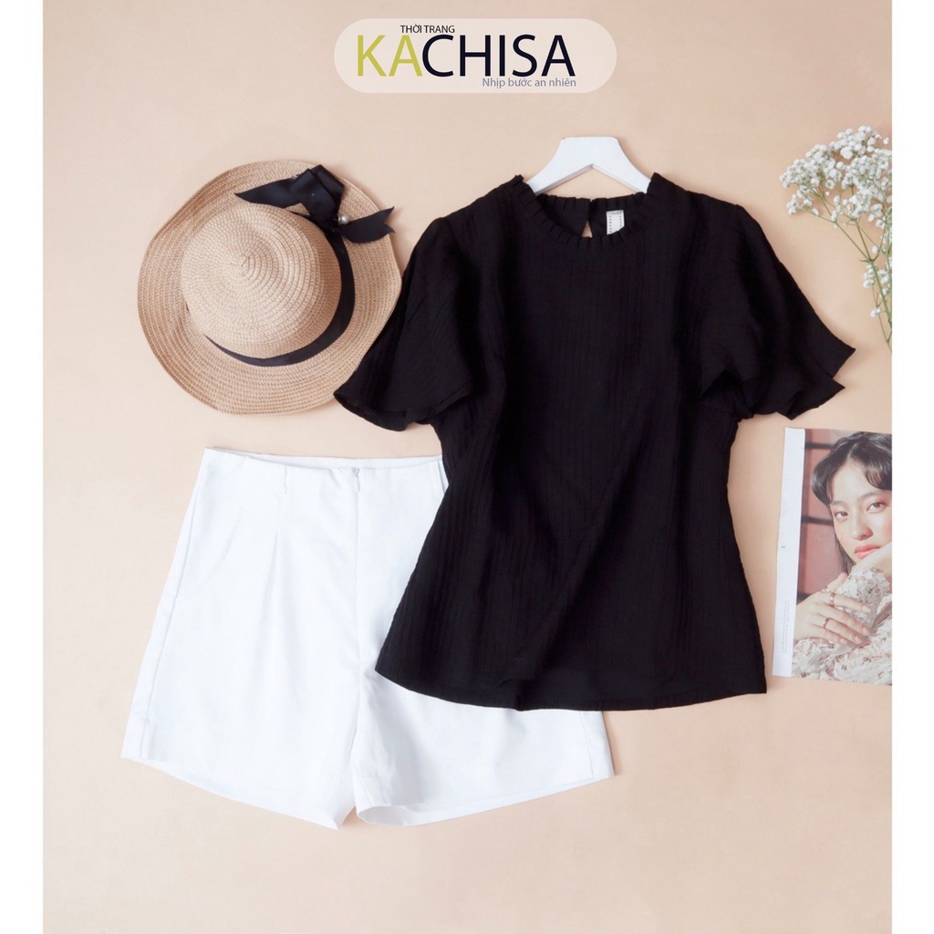 Áo nữ ngắn tay tơ organza cánh tiên màu đen, form suông che mỡ bụng cho các chị trung niên - Thời trang KACHISA 862