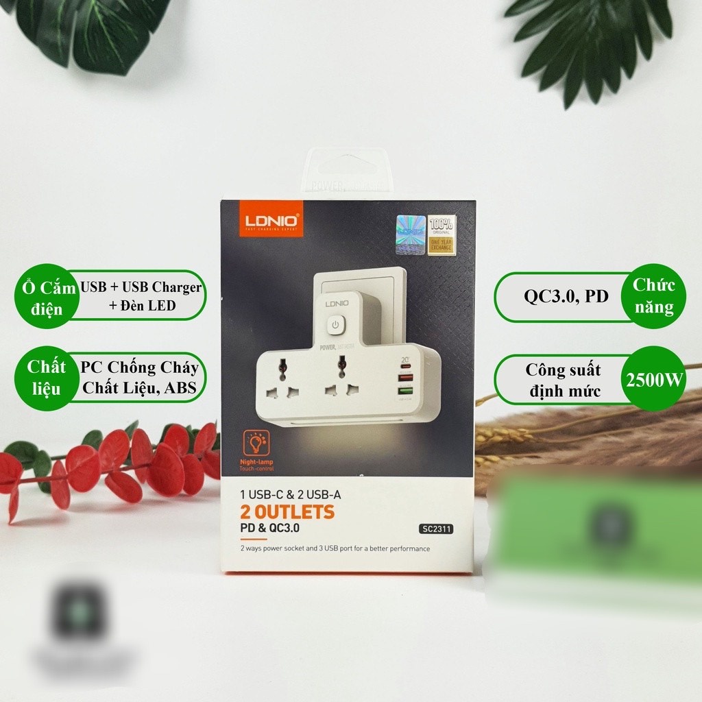 🌟CHÍNH HÃNG🌟Ổ Cắm Điện đa năng LDNIO LDNUO SC2311 SC2413 4 in 1 2 Chấu 2 USB-A 1 Type-C 20W Chân Cắm EU công suất 2500W