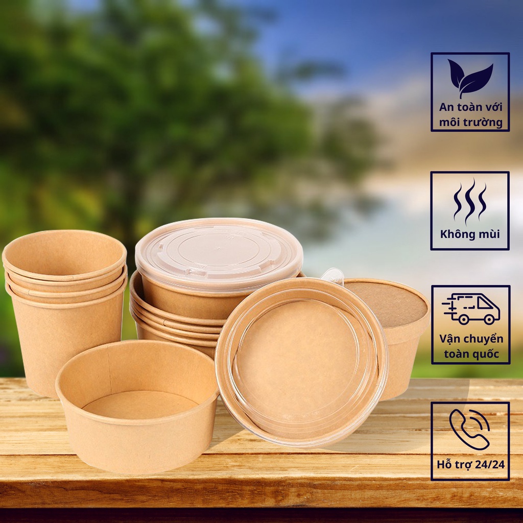 Sỉ 50 Tô Giấy Kraft 750ml/1000ml/500ml/350ml Đựng Thực Phẩm Kèm Nắp Cao Cấp, Dùng Cho Món Phở, Bún