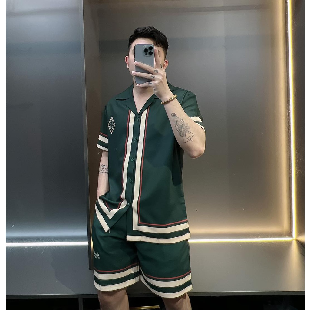 set bộ sơ mi nam ICON màu xanh chất lụa cao cấp