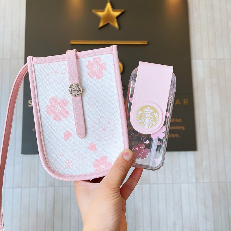 Bình nước cute Starbucks 290ml kèm túi đeo vai hoa tiết hoa anh đào xinh xắn Pinchana