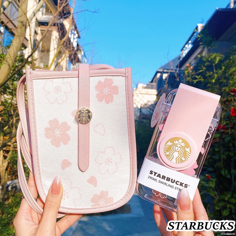Bình nước cute Starbucks 290ml kèm túi đeo vai hoa tiết hoa anh đào xinh xắn Pinchana