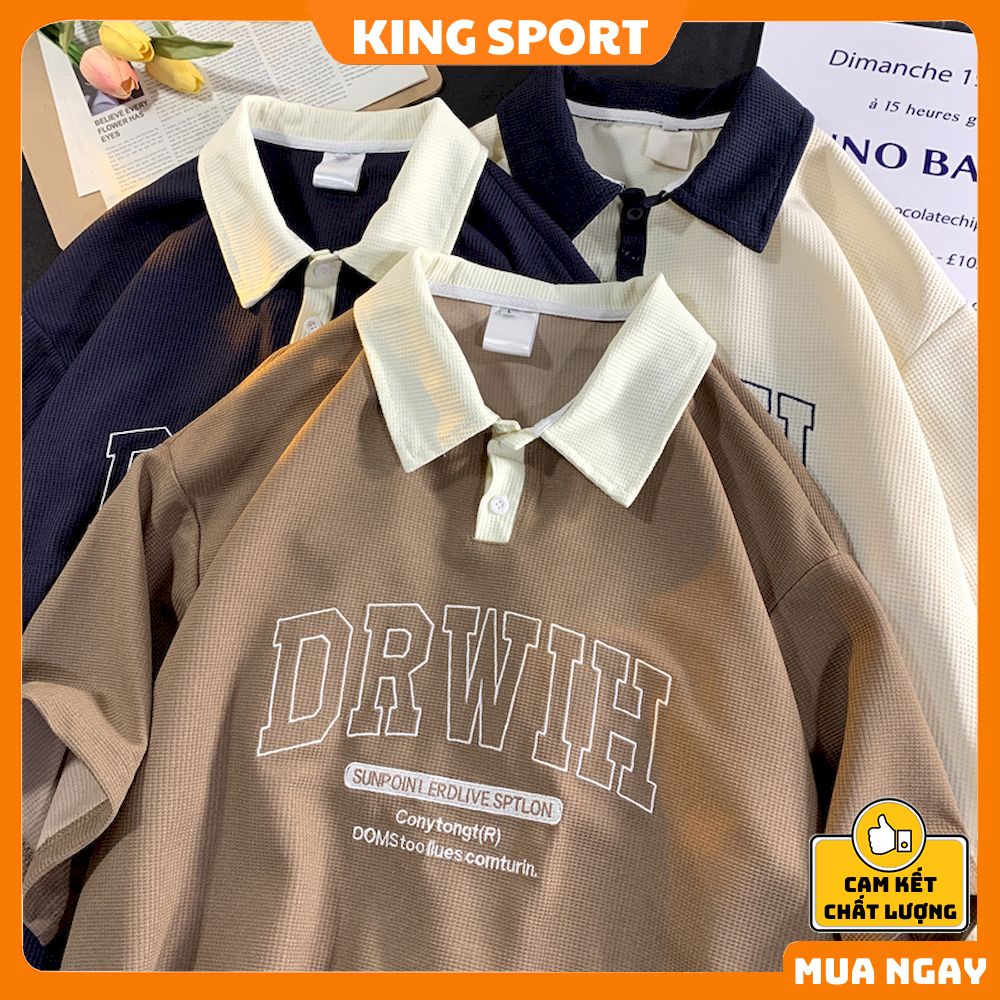 Áo polo oversize nam nữ thêu DRWIH form rộng tay lỡ KING SPORT Áo phông có cổ nam nữ chất tổ ong form rộng đi học AT015