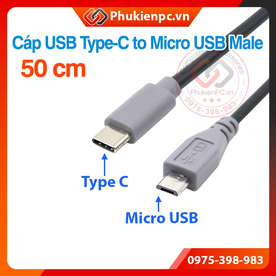 Dây cáp USB Type C sang Micro USB Male dài 50cm. Cho máy tinh Laptop macbook, sạc điện thoại, Pin dự phòng máy tính bảng